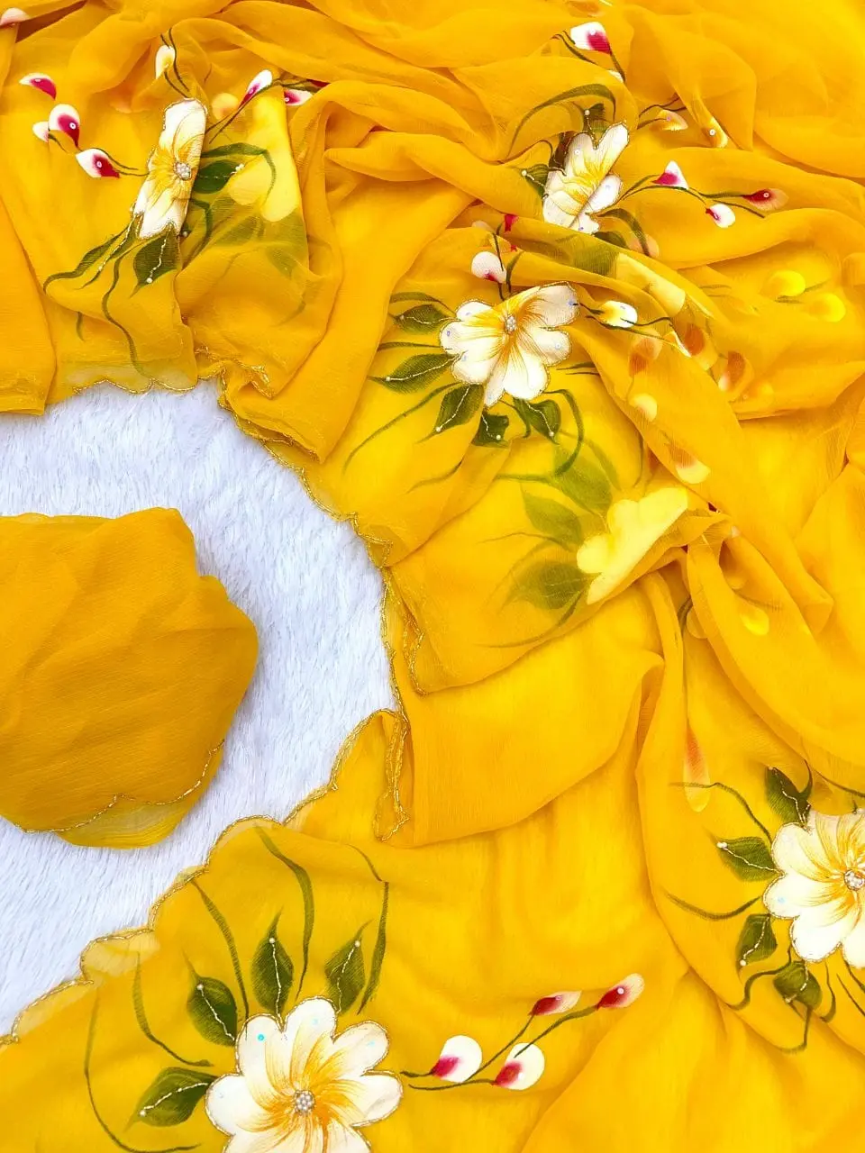 Designer handpainted yellow saree